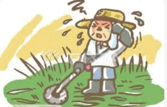 catroon-chatacter-weed-eating-in-hot-sun cartoon man outside on a hot day, weed eating and he is getting tired and wiping sweat from his face