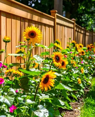 sunflowers-planted-along-a-wooden-fence-line sunflowers and other flowers growing along a wooden fence line