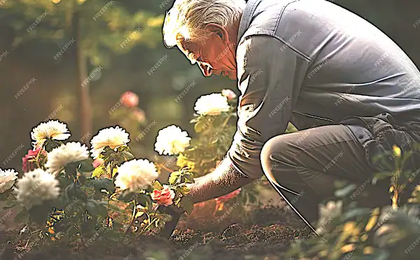 man kneeling by and tending to white flowers