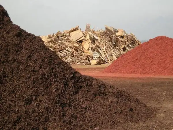 palled wood in a mulch yard ready to be made into toxic dyed mulch
