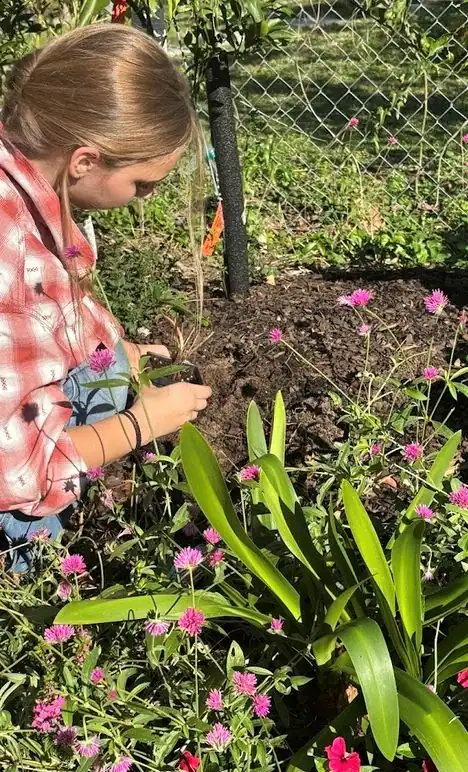 girl planting flowers in a garden 